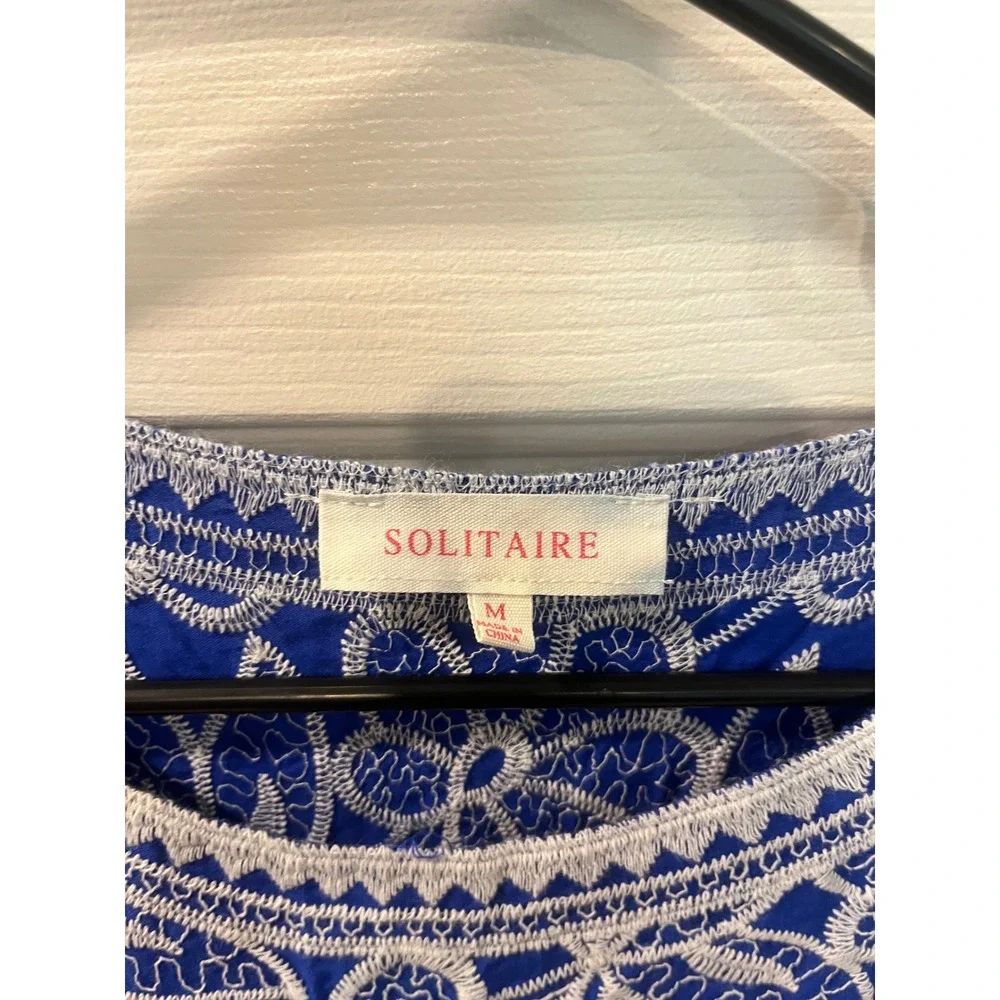 Solitaire Blue White Floral Embroidered Puff Sleeve Blouse Top Medium b1